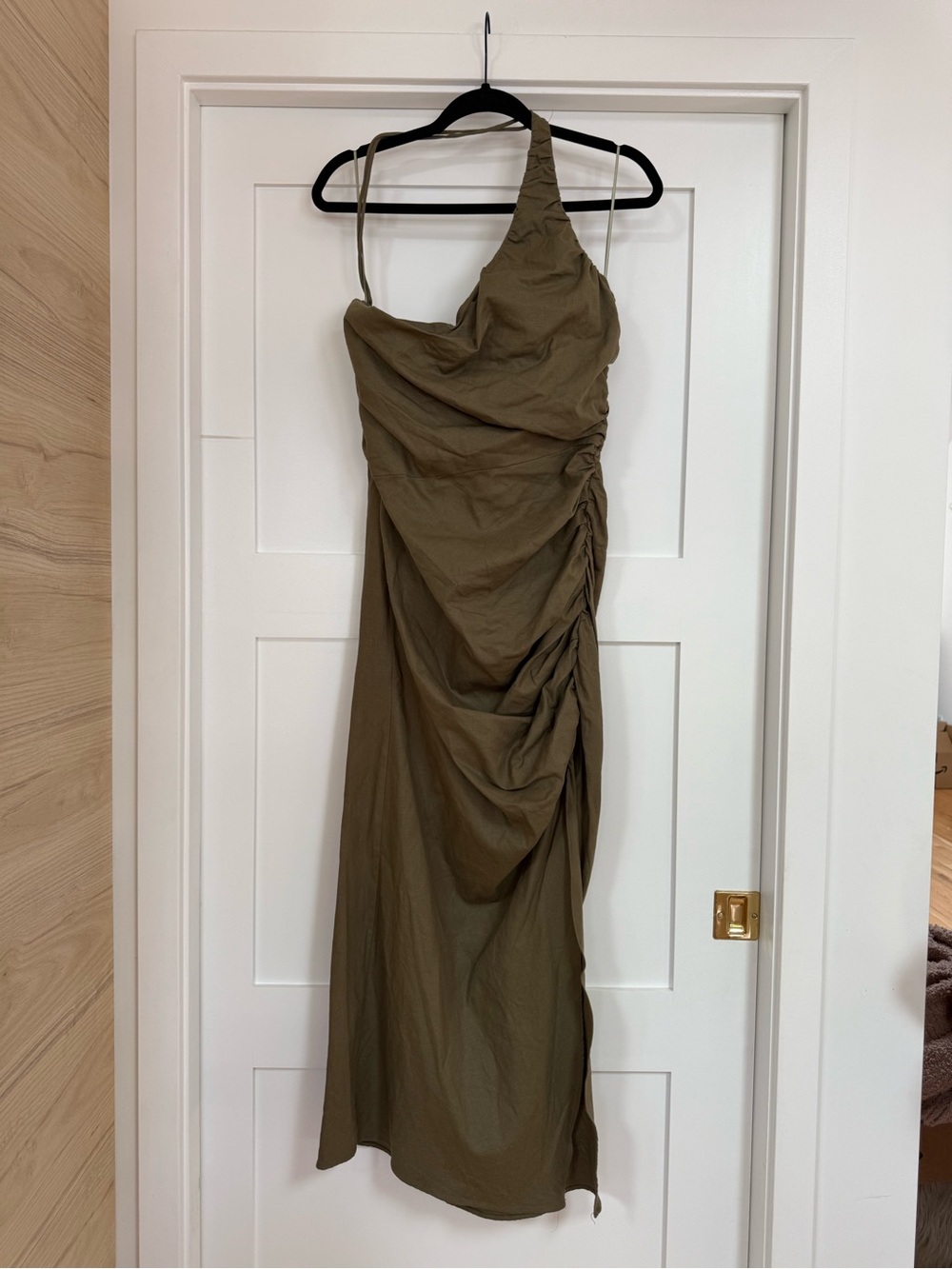 ZARA Olive Asymmetric One-Shoulder Ruched Midi Dress